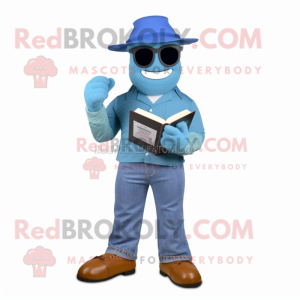Blue Commando mascot costume character dressed with a Boyfriend Jeans and Reading glasses