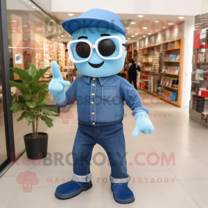 Blue Commando mascot costume character dressed with a Boyfriend Jeans and Reading glasses