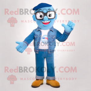 Blue Commando mascot costume character dressed with a Boyfriend Jeans and Reading glasses