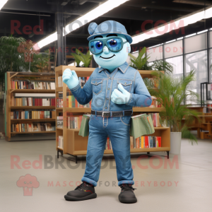 Blue Commando mascot costume character dressed with a Boyfriend Jeans and Reading glasses