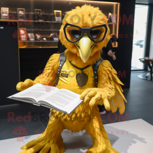 Gold Eagle mascot costume character dressed with a Vest and Reading glasses