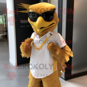 Gold Eagle mascot costume character dressed with a Vest and Reading glasses