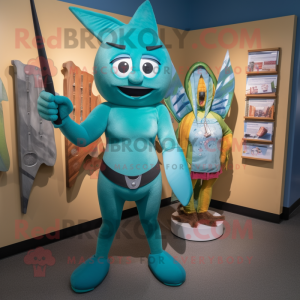 Teal Knife Thrower mascot costume character dressed with a One-Piece Swimsuit and Cummerbunds