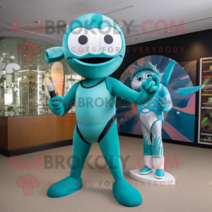 Teal Knife Thrower mascot costume character dressed with a One-Piece Swimsuit and Cummerbunds