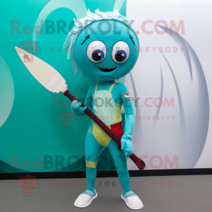 Teal Knife Thrower mascot costume character dressed with a One-Piece Swimsuit and Cummerbunds