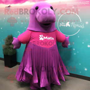 Magenta Stellar'S Sea Cow mascot costume character dressed with a Pleated Skirt and Ties