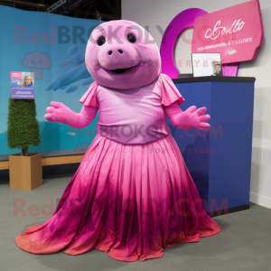 Magenta Stellar'S Sea Cow mascot costume character dressed with a Pleated Skirt and Ties