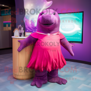 Magenta Stellar'S Sea Cow mascot costume character dressed with a Pleated Skirt and Ties