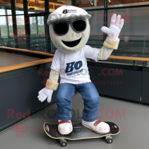 White Skateboard mascot costume character dressed with a Bootcut Jeans and Beanies