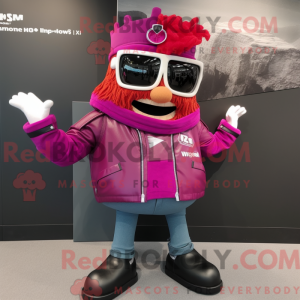 Maskotfigur af en magenta...