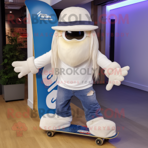 White Skateboard mascot costume character dressed with a Bootcut Jeans and Beanies