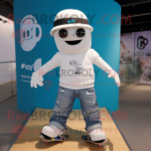 White Skateboard mascot costume character dressed with a Bootcut Jeans and Beanies