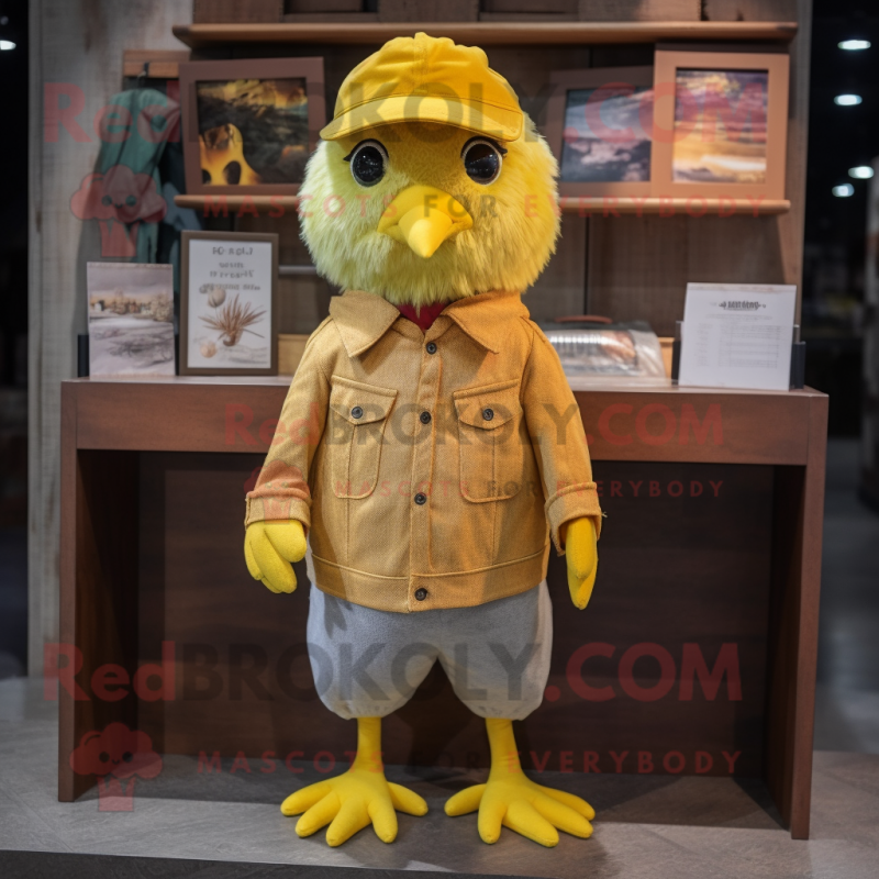 Yellow Quail mascot costume character dressed with a Corduroy Pants and Headbands