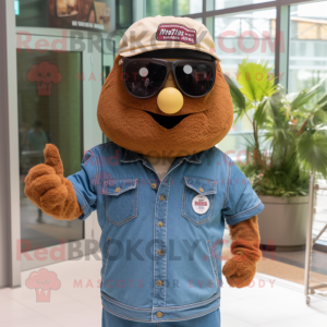 Brown Jambalaya mascot costume character dressed with a Denim Shorts and Sunglasses