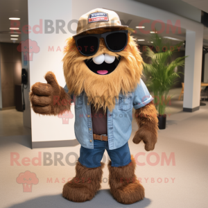 Brown Jambalaya mascot costume character dressed with a Denim Shorts and Sunglasses