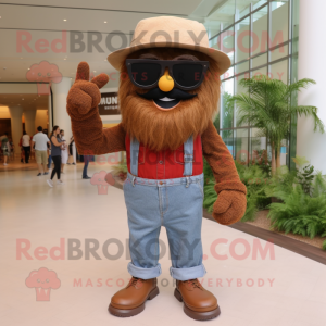 Brown Jambalaya mascot costume character dressed with a Denim Shorts and Sunglasses