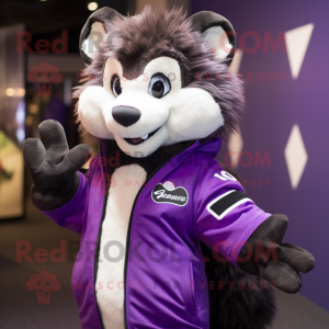 Purple Skunk mascot costume character dressed with a Parka and Lapel pins