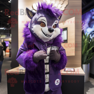 Purple Skunk mascot costume character dressed with a Parka and Lapel pins