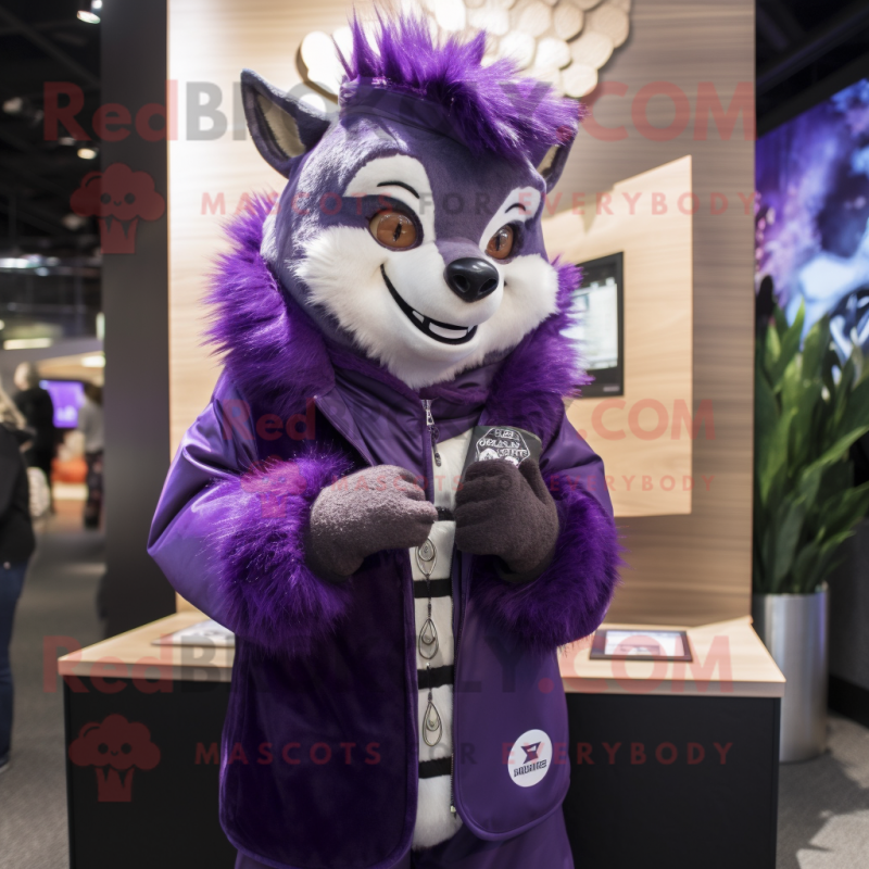 Purple Skunk mascot costume character dressed with a Parka and Lapel pins Purple Skunk mascot costume character dressed with a Parka and Lapel pins