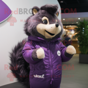 Purple Skunk mascot costume character dressed with a Parka and Lapel pins