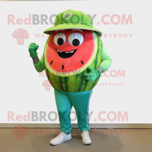 Green Watermelon mascot costume character dressed with a Capri Pants and Watches