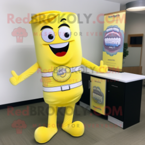 Lemon Yellow Bbq Ribs mascot costume character dressed with a Polo Shirt and Tie pins