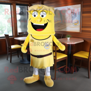 Lemon Yellow Bbq Ribs mascot costume character dressed with a Polo Shirt and Tie pins