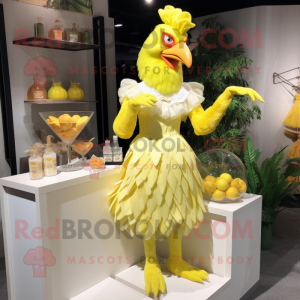 Lemon Yellow Roosters mascot costume character dressed with a Cocktail Dress and Rings