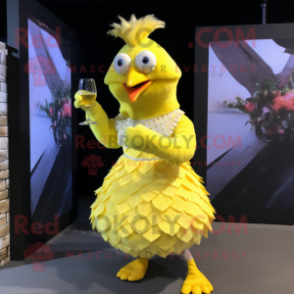 Lemon Yellow Roosters mascot costume character dressed with a Cocktail Dress and Rings