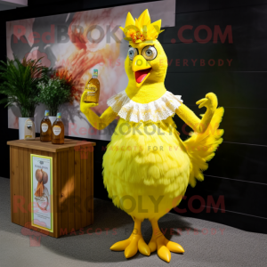 Lemon Yellow Roosters mascot costume character dressed with a Cocktail Dress and Rings
