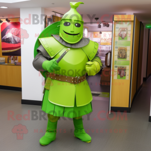Lime Green Medieval Knight mascot costume character dressed with a Skirt and Cummerbunds