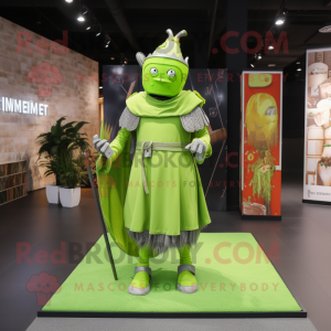 Lime Green Medieval Knight mascot costume character dressed with a Skirt and Cummerbunds