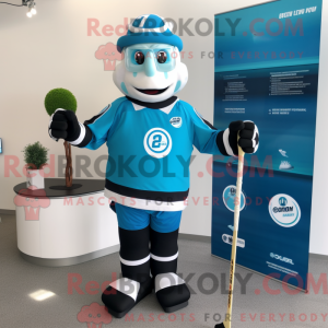 Maskotfigur av en cyan...