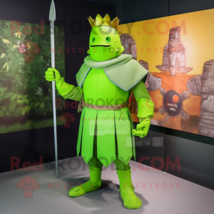 Lime Green Medieval Knight mascot costume character dressed with a Skirt and Cummerbunds