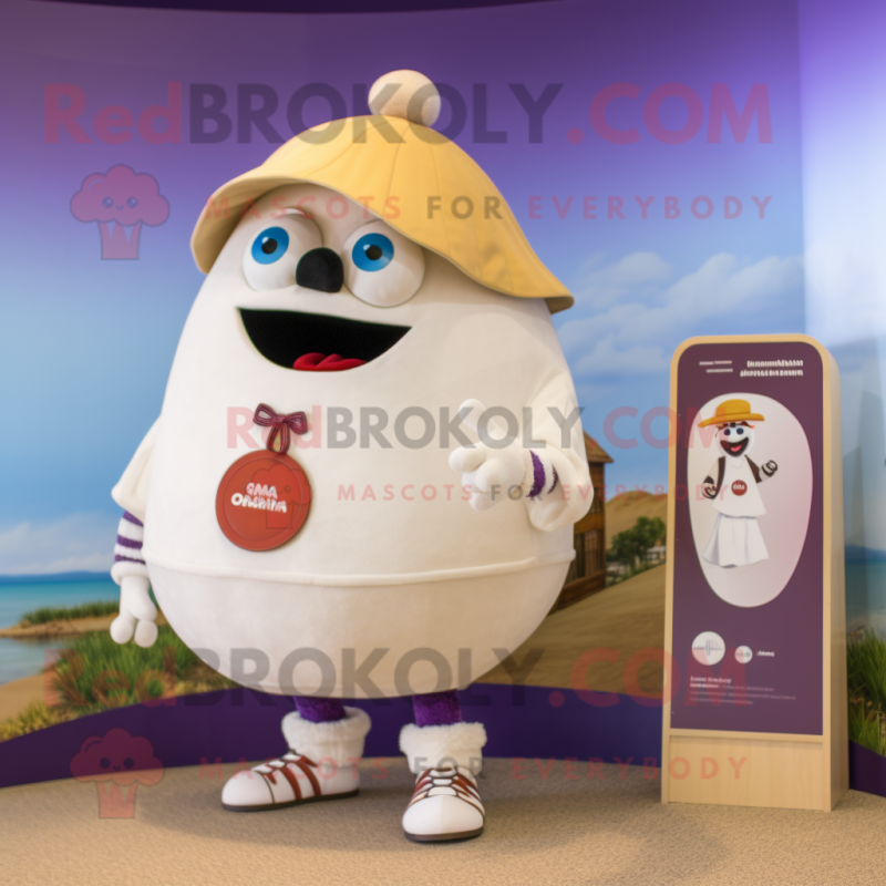 Cream Plum mascot costume character dressed with a Henley Tee and Watches