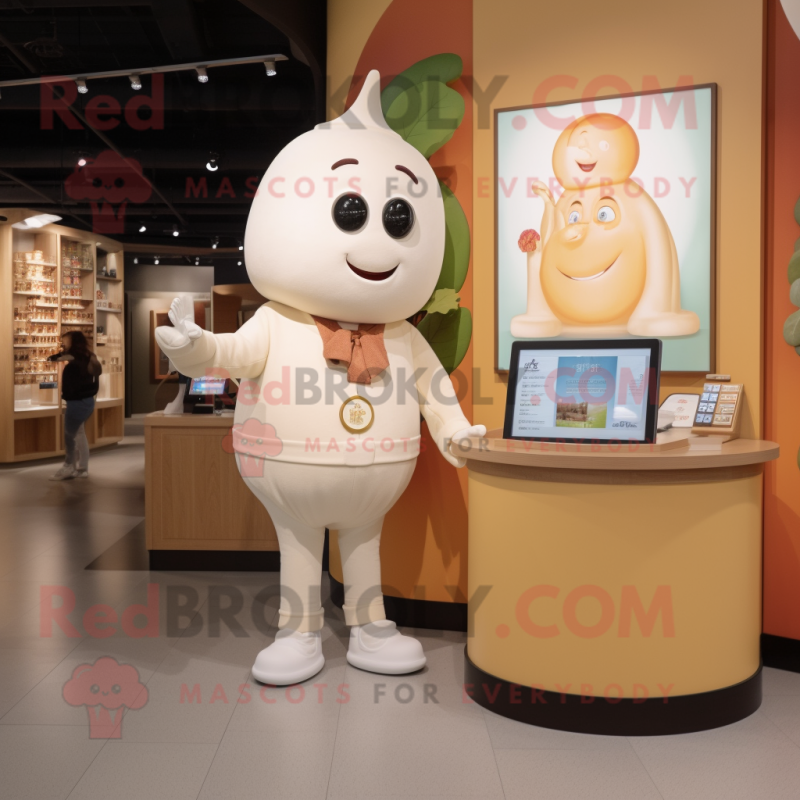 Cream Plum mascot costume character dressed with a Henley Tee and Watches Cream Plum mascot costume character dressed with a Henley Tee and Watches