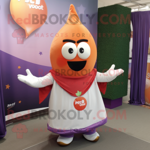 Peach Eggplant mascot costume character dressed with a Polo Tee and Shawl pins