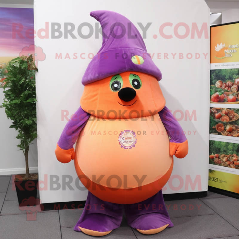 Peach Eggplant mascot costume character dressed with a Polo Tee and Shawl pins Peach Eggplant mascot costume character dressed with a Polo Tee and Shawl pins