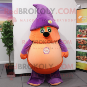 Peach Eggplant mascot costume character dressed with a Polo Tee and Shawl pins