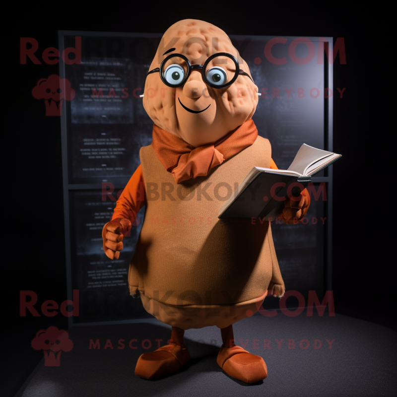 Rust Potato mascot costume character dressed with a Turtleneck and Reading glasses