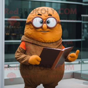Rust Potato mascot costume character dressed with a Turtleneck and Reading glasses