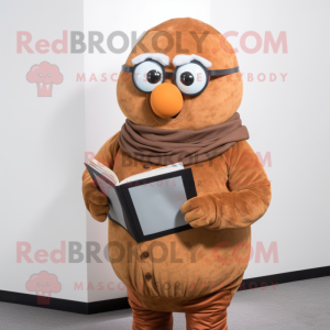 Rust Potato mascot costume character dressed with a Turtleneck and Reading glasses