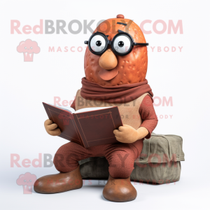 Rust Potato mascot costume character dressed with a Turtleneck and Reading glasses