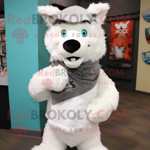 White Say Wolf mascot costume character dressed with a Tank Top and Scarves