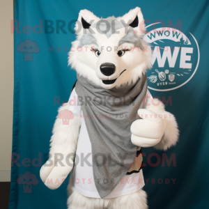 White Say Wolf mascot costume character dressed with a Tank Top and Scarves