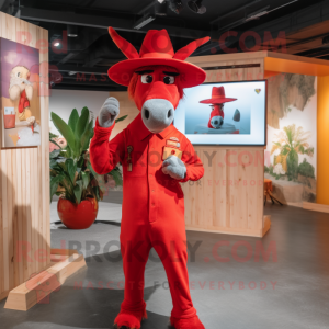 Red Donkey mascot costume character dressed with a One-Piece Swimsuit and Hat pins