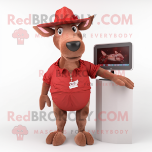 Red Donkey mascot costume character dressed with a One-Piece Swimsuit and Hat pins