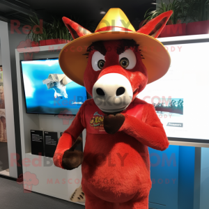 Red Donkey mascot costume character dressed with a One-Piece Swimsuit and Hat pins