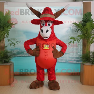 Red Donkey mascot costume character dressed with a One-Piece Swimsuit and Hat pins