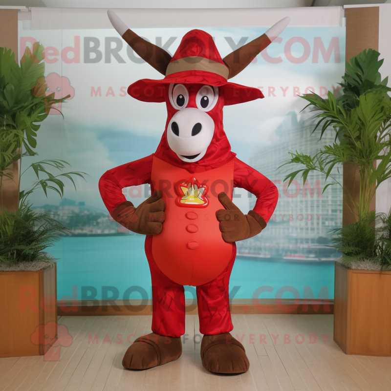 Red Donkey mascot costume character dressed with a One-Piece Swimsuit and Hat pins Red Donkey mascot costume character dressed with a One-Piece Swimsuit and Hat pins